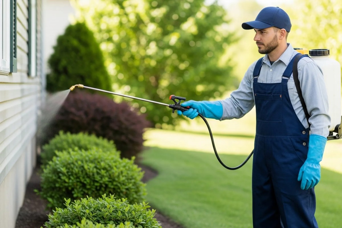 Technician applying eco-friendly pest treatment around a residential foundation