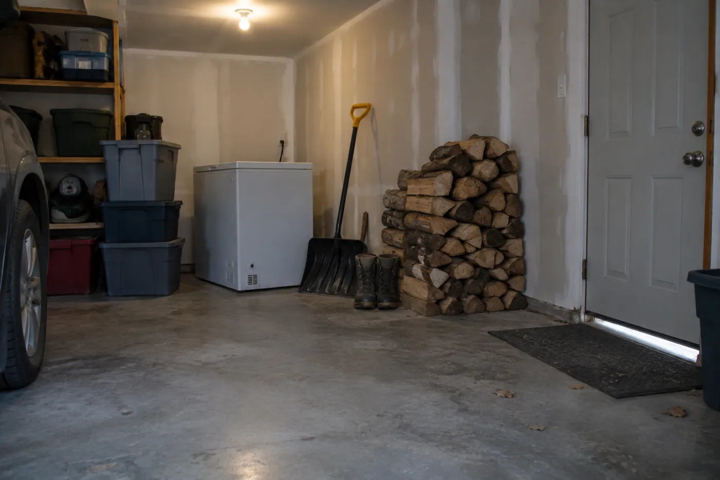 Attached garage with stacked firewood, storage bins and a snow shovel in a Cedar City, Utah home