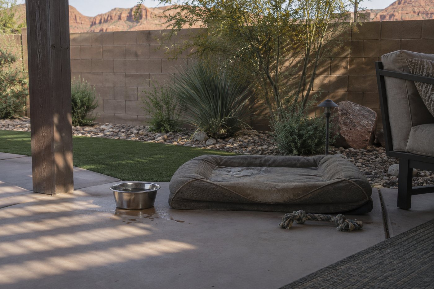 Shaded backyard patio with a dog water bowl, a worn dog bed and a rope toy beside desert landscaping
