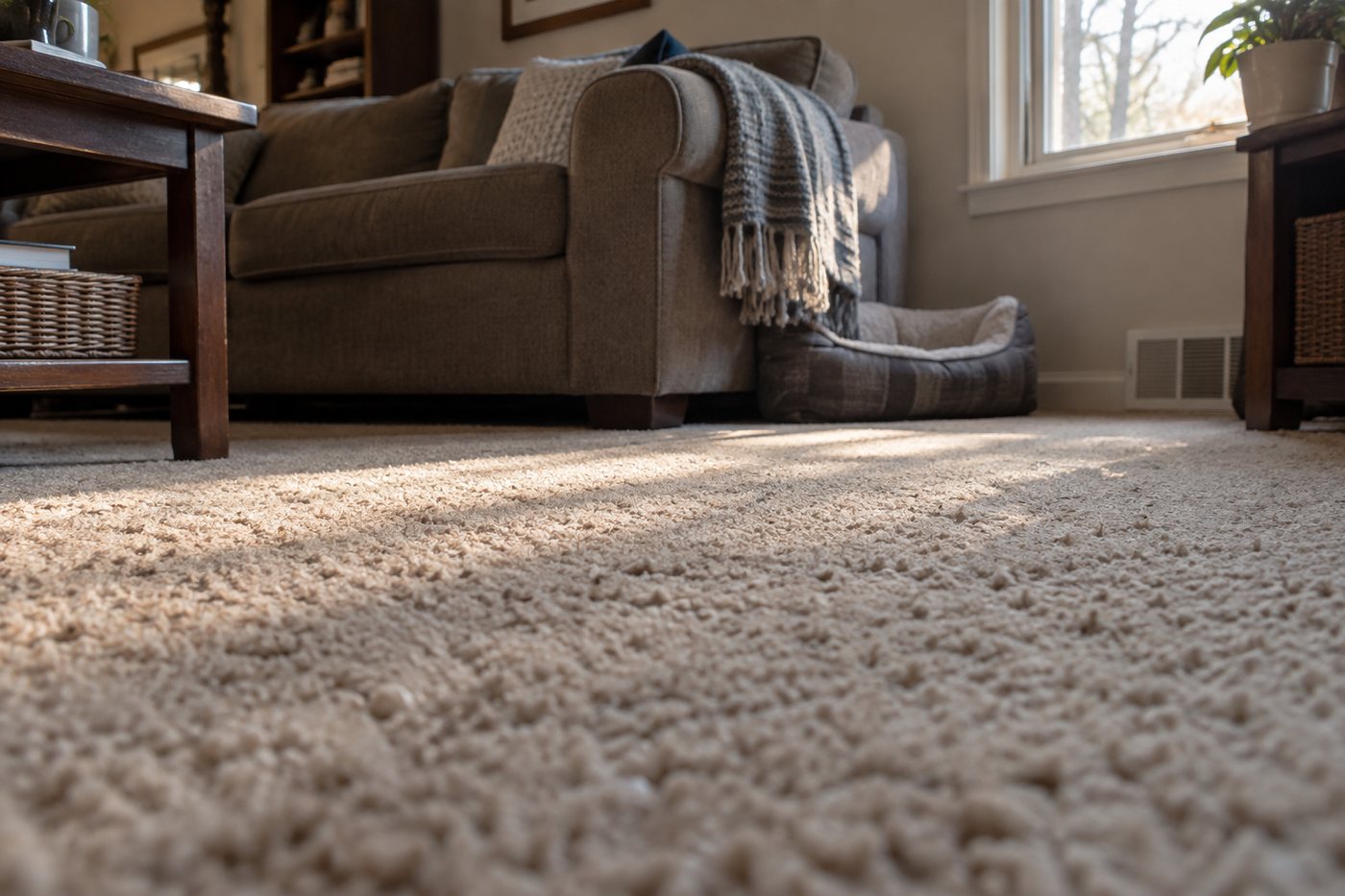 Low view across a living room carpet toward a sofa and a pet bed, the spots where flea eggs collect
