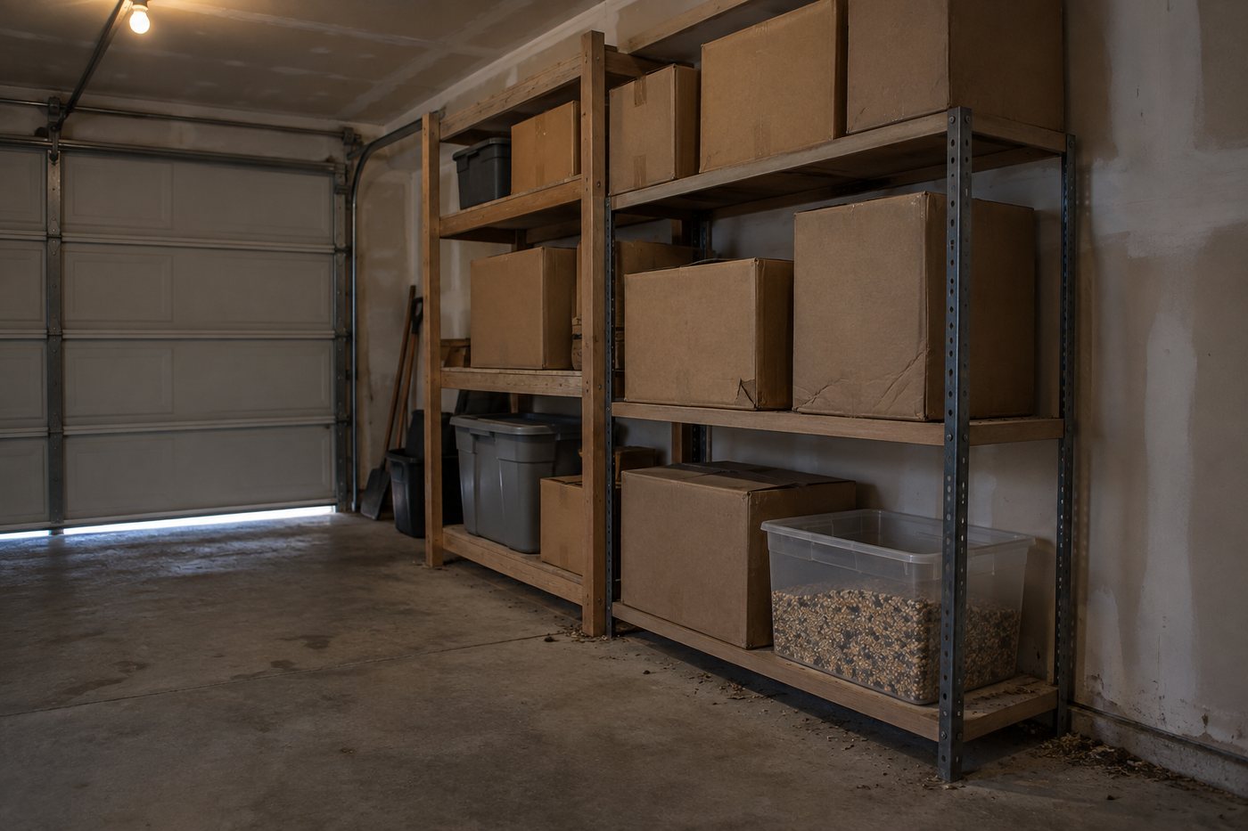 Garage shelving packed with cardboard boxes and a tub of birdseed, with debris along the wall where mice travel